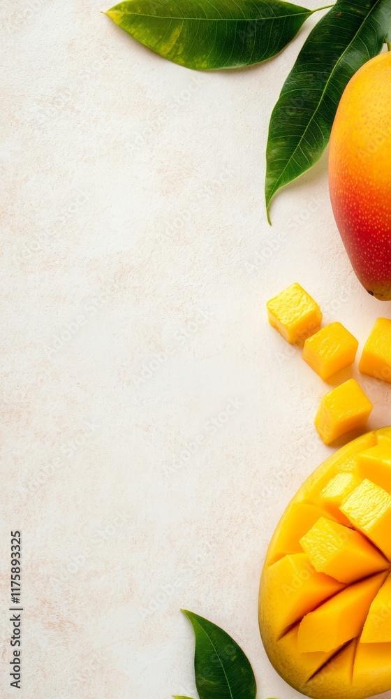Poster ripe mango cut into cubes levitating near whole mango with green leaves on light background creating