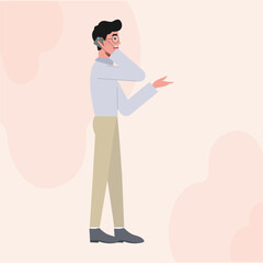 A Business Man with Glasses Flat Character Standing Side View on The Phone