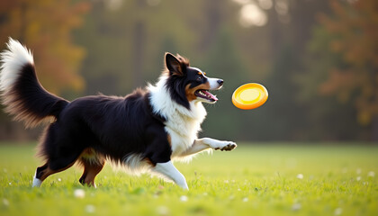 A spirited Border collie joyfully catching a frisbee in mid-air while running across a sunny field, demonstrating the bond between the dog and its owner during outdoor play.