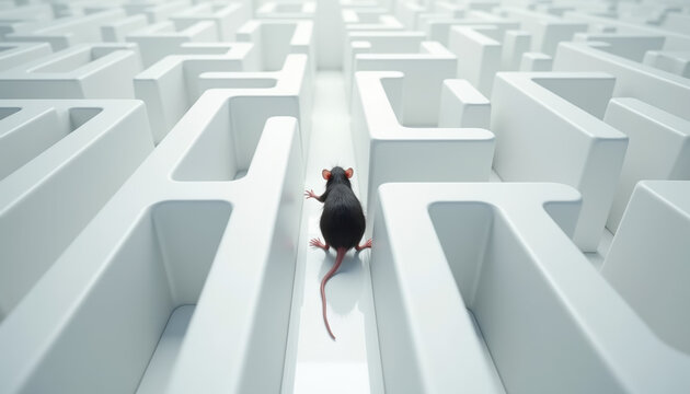 A vibrant rat exploring a white maze in a laboratory setting, engaging in playful behavior while participating in a scientific testing environment.