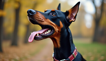 A happy and playful Doberman with its tongue out, illustrating its spirited personality against the beautiful backdrop of an autumn afternoon.