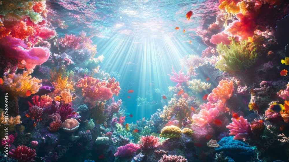 Poster sunbeams are penetrating the ocean surface, illuminating a colorful coral reef teeming with diverse 