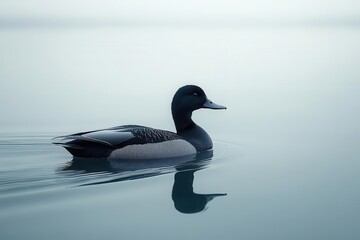 Obraz premium a serene black and white duck gliding gracefully across a calm blue lake, capturing the tranquil essence of nature in monochrome