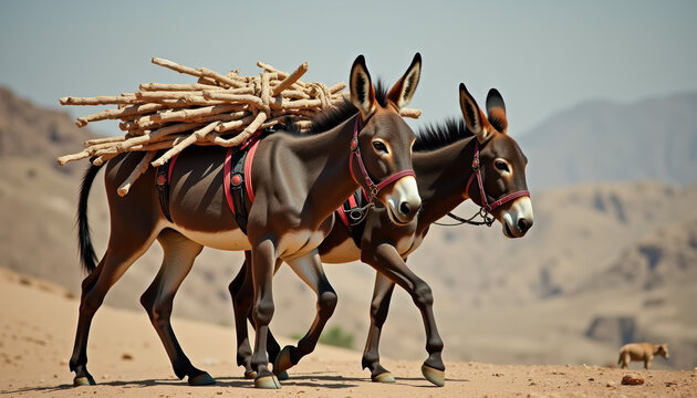 Two donkeys in the countryside carrying loads, symbolizing their strong partnership and the essence of rural life through traditional farming methods.
