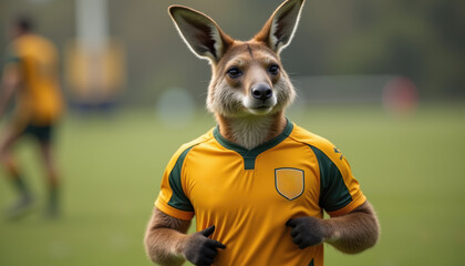 Kangaroo in Sports Jersey posing proudly on the field, showcasing a fun and playful spirit in a vibrant yellow rugby uniform.