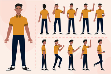 Fototapeta premium Set of black guy male character in different poses, angle, expression. A man in front, back, side view with headphone, smartphone, cup of coffee, walks, say hallo. Vector illustration in flat style