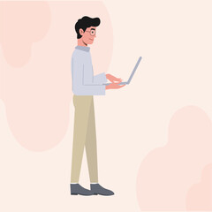 A Business Man with Glasses Flat Character Standing Side View Holding A Laptop
