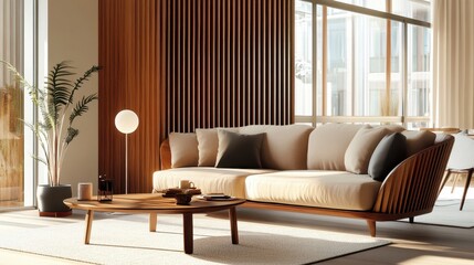 modern living room, minimalist interior design, beige sofa, wooden slat wall, round white pendant light, coffee table, potted plant, neutral color palette, warm lighting, contemporary furniture, textu