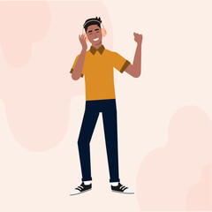 A Black Guy Male Flat Character Standing Hearing Music with Headphone