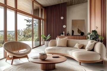 modern living room, minimalist interior design, beige sofa, wooden slat wall, round white pendant light, coffee table, potted plant, neutral color palette, warm lighting, contemporary furniture, textu