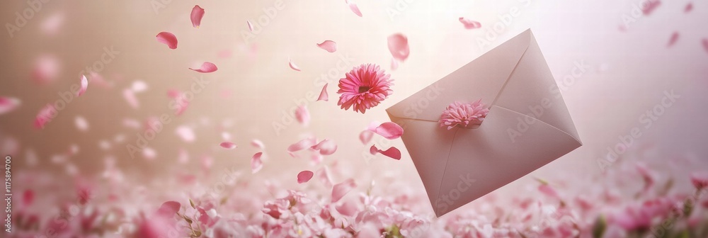 Poster envelope surrounded by pink flower petals floating in a gentle breeze during springtime. generative 