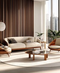 modern living room, minimalist interior design, beige sofa, wooden slat wall, round white pendant light, coffee table, potted plant, neutral color palette, warm lighting, contemporary furniture, textu