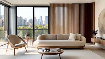 Obraz premium modern living room, minimalist interior design, beige sofa, wooden slat wall, round white pendant light, coffee table, potted plant, neutral color palette, warm lighting, contemporary furniture, textu