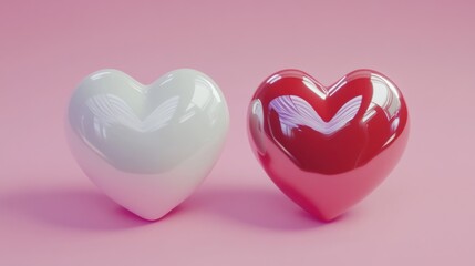 Two glossy hearts, red and white, on pink background.