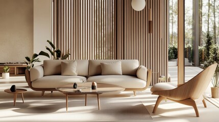 modern living room, minimalist interior design, beige sofa, wooden slat wall, round white pendant light, coffee table, potted plant, neutral color palette, warm lighting, contemporary furniture, textu