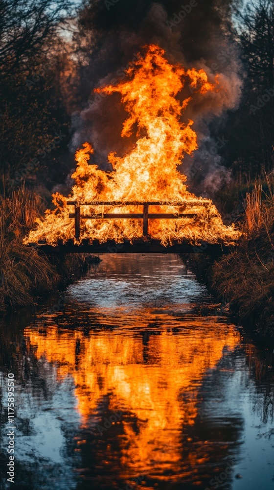 Poster intense flames engulfing a wooden bridge over a calm river, creating a dramatic reflection at dusk, 
