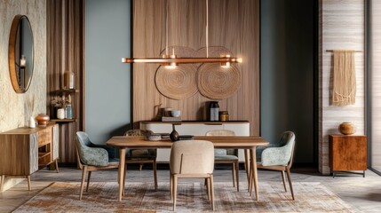 Modern rustic dining room, large wooden table, mid-century chairs, hanging glass pendant lights, tall windows, natural light, wood paneled walls, abstract blue artwork, area rug, minimalist decor, war