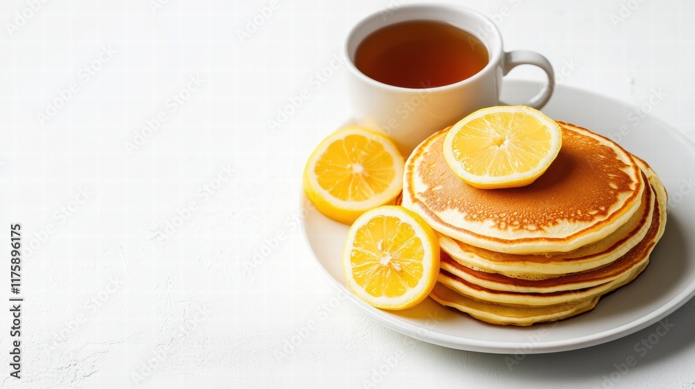 Poster delicious lemon pancakes served with a cup of tea in a bright setting during breakfast time. generat