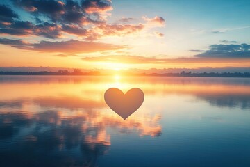 A serene lake at sunrise with a heart - shaped reflection and space for text Valentine’s Day card