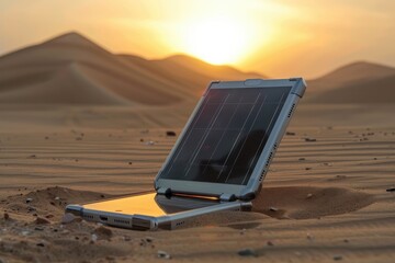 Solar charger resting on rocky shore during sunset near ocean waves and cliffs in a tranquil...