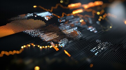 Vibrant digital map displaying world economic data with glowing lines and points representing market trends on a dark background.