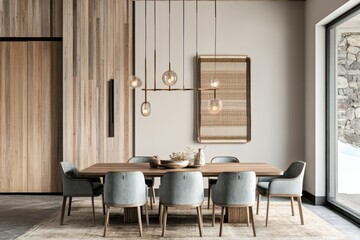 Modern minimalist kitchen interior, wooden cabinets, round pendant lights, large windows, natural light, dining table, chairs, potted plant, neutral color palette, textured wall panels, abstract wall 