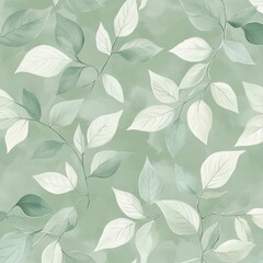 Seamless pattern of delicate sage green and white leaves on a soft green watercolor background.