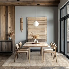 Modern minimalist kitchen interior, wooden cabinets, round pendant lights, large windows, natural light, dining table, chairs, potted plant, neutral color palette, textured wall panels, abstract wall 