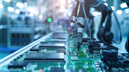 Robotic Arms Assembling Circuit Boards in a Modern Factory: A Glimpse into Automated Manufacturing