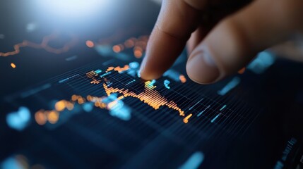 Close-up of a hand interacting with a digital world map, highlighting glowing market data and trends on a high-tech interface.