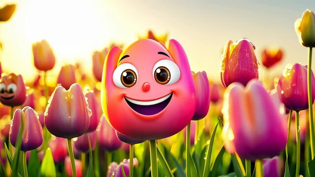 A cheerful cartoon flower with a smiling face stands out among vibrant pink tulips, basking in the warm sunlight. This whimsical scene creates a joyful, uplifting mood perfect for spring.