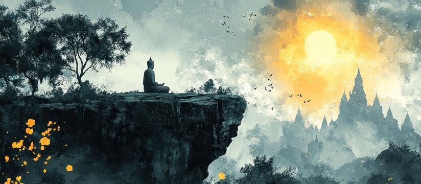 Enchanting digital depicting a mystical ethereal landscape with a serene Buddha statue silhouetted on a cliff
