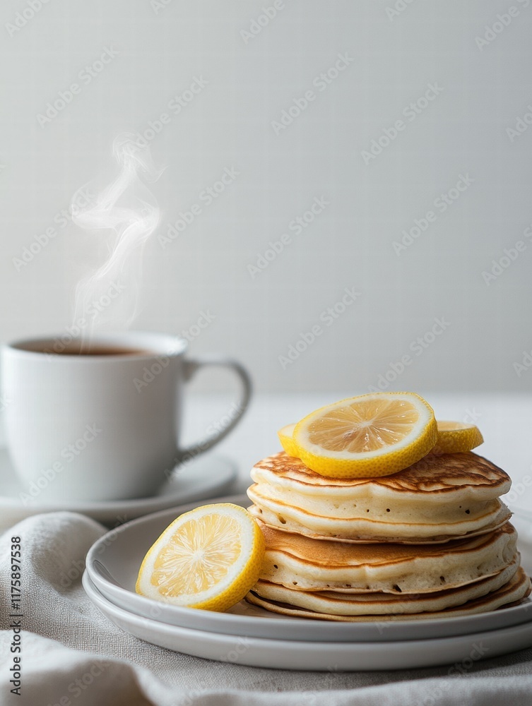 Poster delicious stack of pancakes with lemon slices alongside a steaming cup of coffee on a minimalistic t