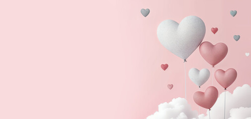 Pink Heart Balloons and Clouds on Pink Background Banner with Copy Space. Valentine's Day, Love, Romance, and Wedding Concept.	