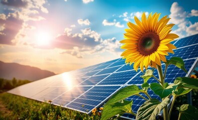Photo montage with solar panels and sunflower flower innovative solar panel innovation power electricity energy technology panel renewable