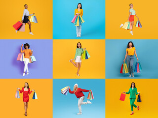 A colorful collection of people engaging in shopping during a festive sale. They display joy and excitement while holding multiple shopping bags against bright backgrounds.