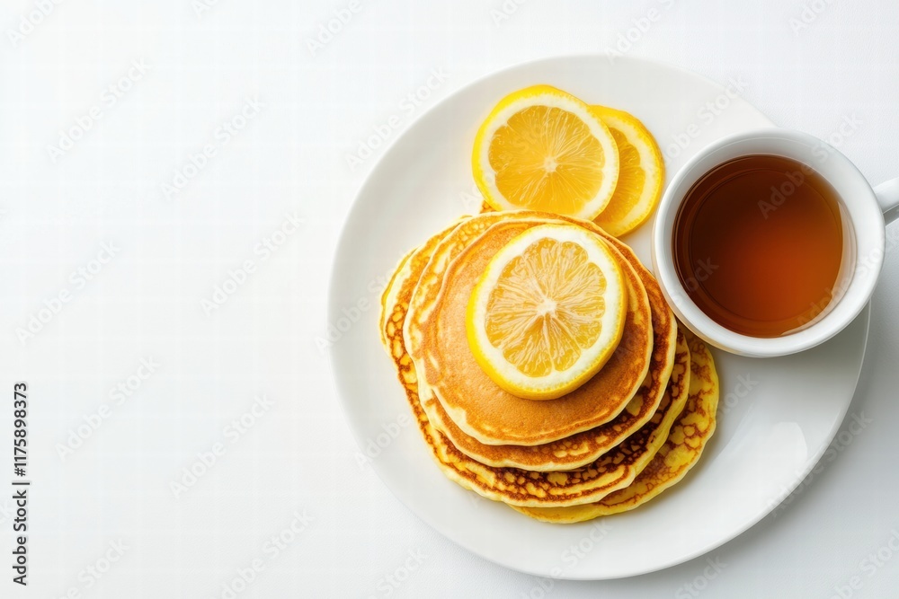 Aufkleber stack of fluffy lemon pancakes served with a cup of tea on a white plate during breakfast time. gene