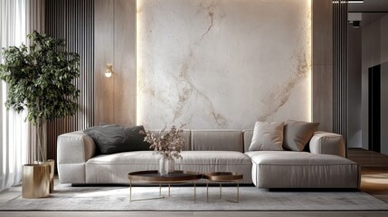 modern living room, minimalist interior, white sofa, marble wall, potted plant, wooden coffee table, natural light, textured wall, neutral color palette, cozy atmosphere, interior design, shadow play,