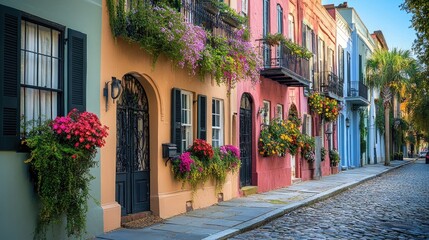 Fototapeta premium Colorful historic houses line a cobblestone street, adorned with vibrant flowers and hanging plants.