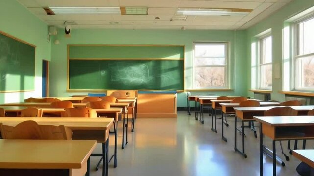 empty school classroom with desks and chairs. The chalkboard in the background