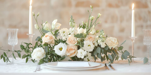 Composition of delicate fresh flowers in wedding decoration, wedding decorated with fresh flowers, copy space