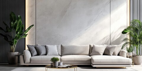 modern minimalist living room, grey sectional sofa, concrete wall texture, hanging pendant light, potted indoor plant, glass coffee table, neutral color palette, sleek design, spacious interior, conte