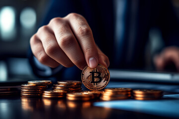 Bitcoin coin held in hand against trading chart background