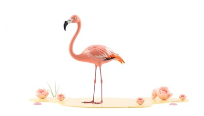 Obraz premium Pink flamingo, serene, pond, flowers, 3D, isolated, backdrop