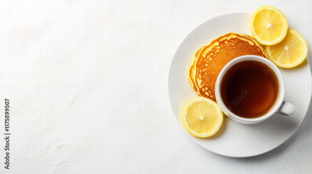 Poster breakfast consisting of a cup of tea served with fluffy pancakes and fresh lemon slices on a white p