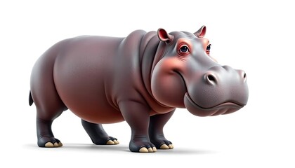 Fototapeta premium Cartoon hippopotamus, standing, white background, cheerful expression, children's book illustration