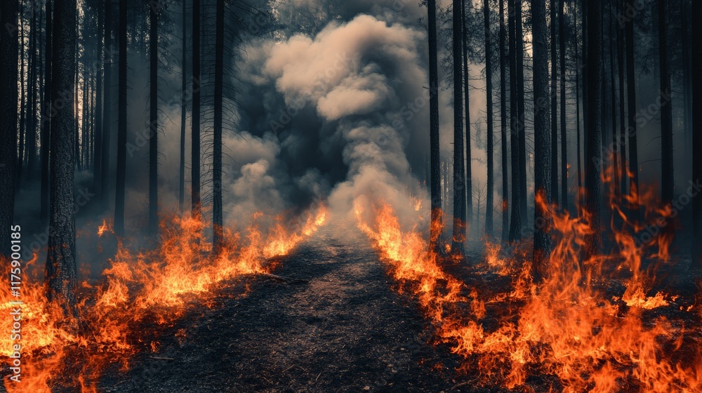 Aufkleber intense flames engulfing a forest path create thick smoke, threatening the surrounding ecosystem and