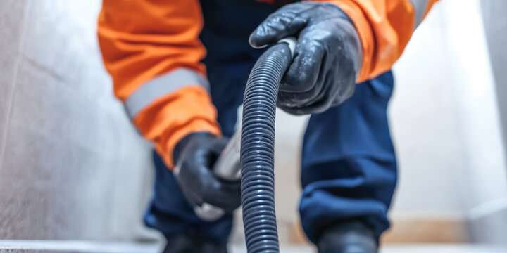 Plumber unclogging blocked toilet with hydro jetting at wc room. An employee shoves a hose into the toilet.