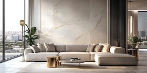 modern minimalist living room, grey sectional sofa, concrete wall texture, hanging pendant light, potted indoor plant, glass coffee table, neutral color palette, sleek design, spacious interior, conte