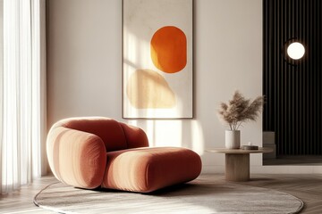 Cozy living room interior, orange velvet curved sofa, minimalist art, white textured wall, floor lamp with round bulb, cream side table, dried pampas grass arrangement, warm tones, contemporary design